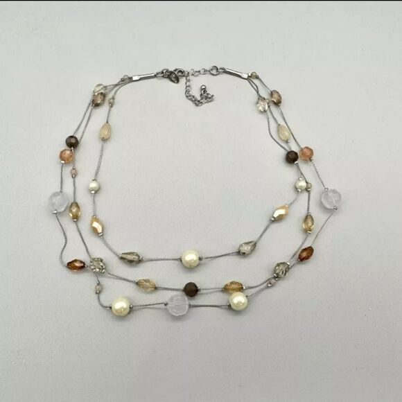 Lia Sophia Necklace Bellini Earth Tone Beaded Layered Triple Strand 18 Inch NWOT - Picture 2 of 8